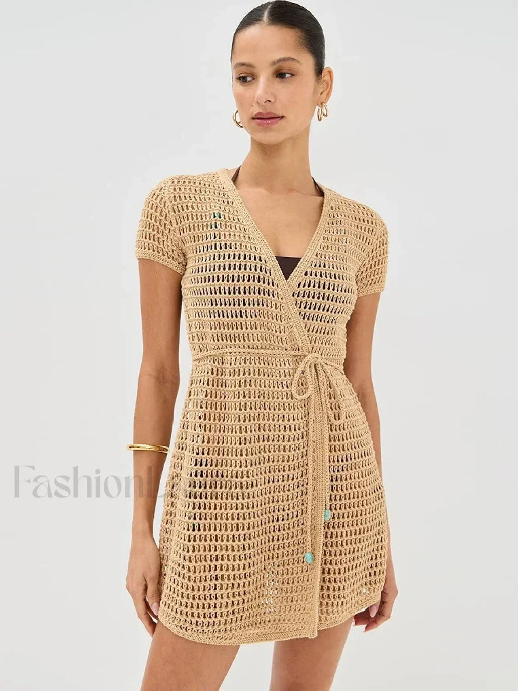 Solid Color Knit Hollow Out Short Sleeve Wrap Cover Up Khaki / S