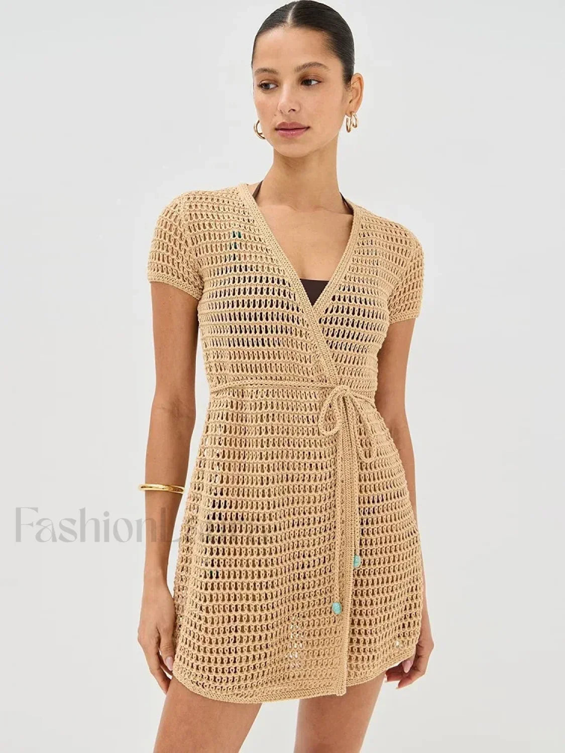 Solid Color Knit Hollow Out Short Sleeve Wrap Cover Up Khaki / S Main image