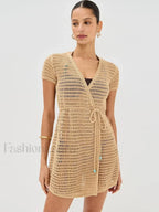 Solid Color Knit Hollow Out Short Sleeve Wrap Cover Up Khaki / S