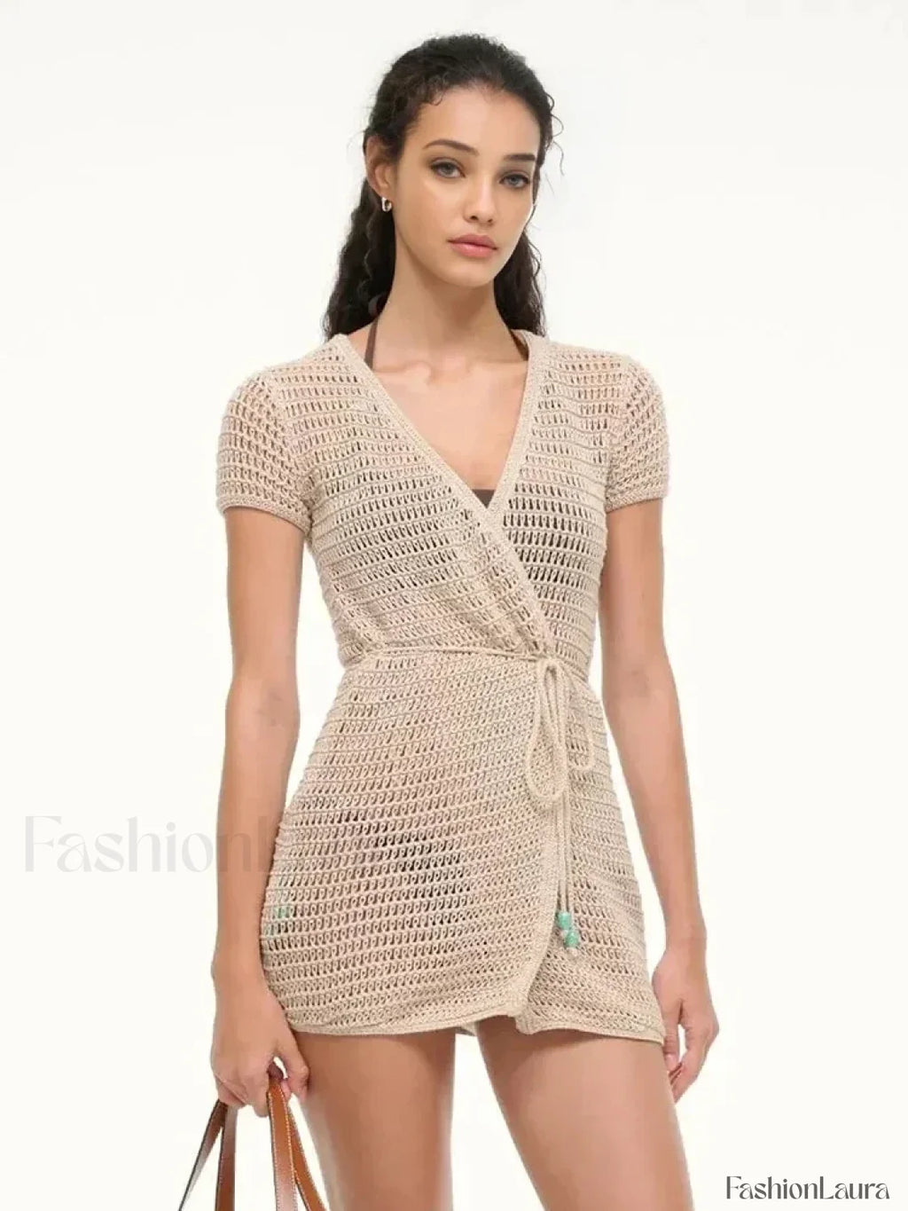 Solid Color Knit Hollow Out Short Sleeve Wrap Cover Up Light Apricot / S