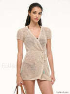 Solid Color Knit Hollow Out Short Sleeve Wrap Cover Up Light Apricot / S