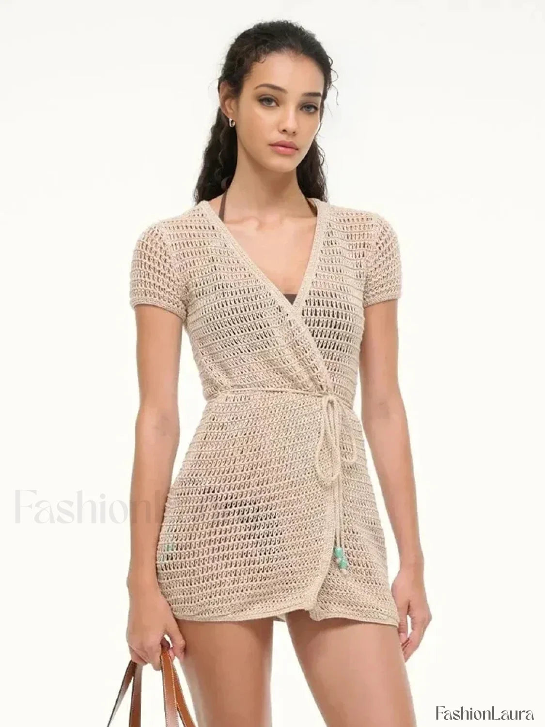 Solid Color Knit Hollow Out Short Sleeve Wrap Cover Up Light Apricot / S