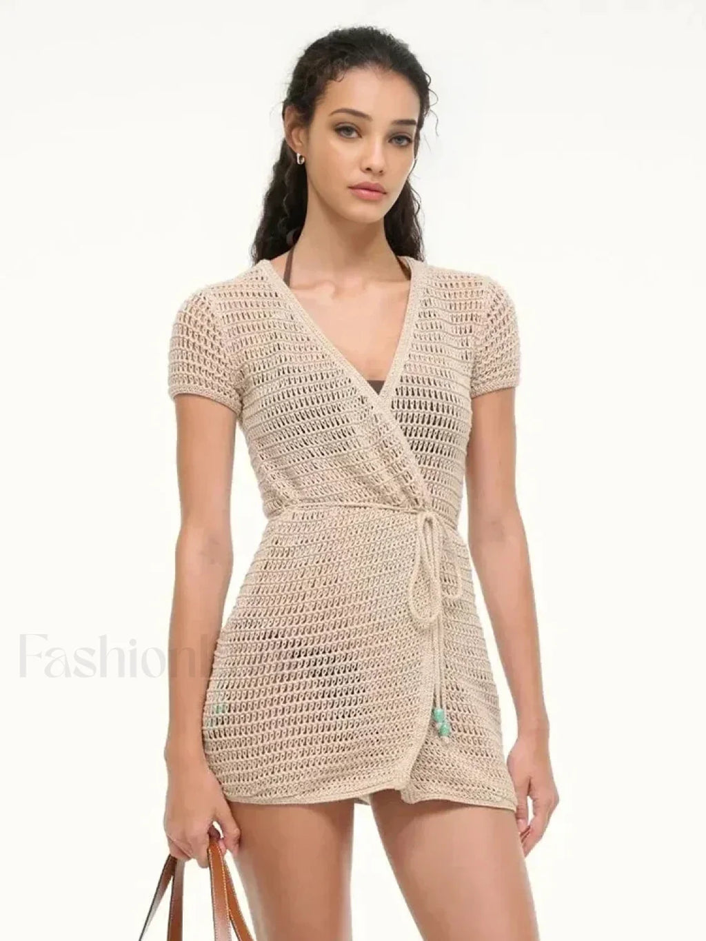 Solid Color Knit Hollow Out Short Sleeve Wrap Cover Up Light Apricot / S
