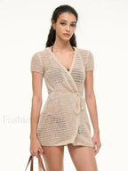 Solid Color Knit Hollow Out Short Sleeve Wrap Cover Up Light Apricot / S