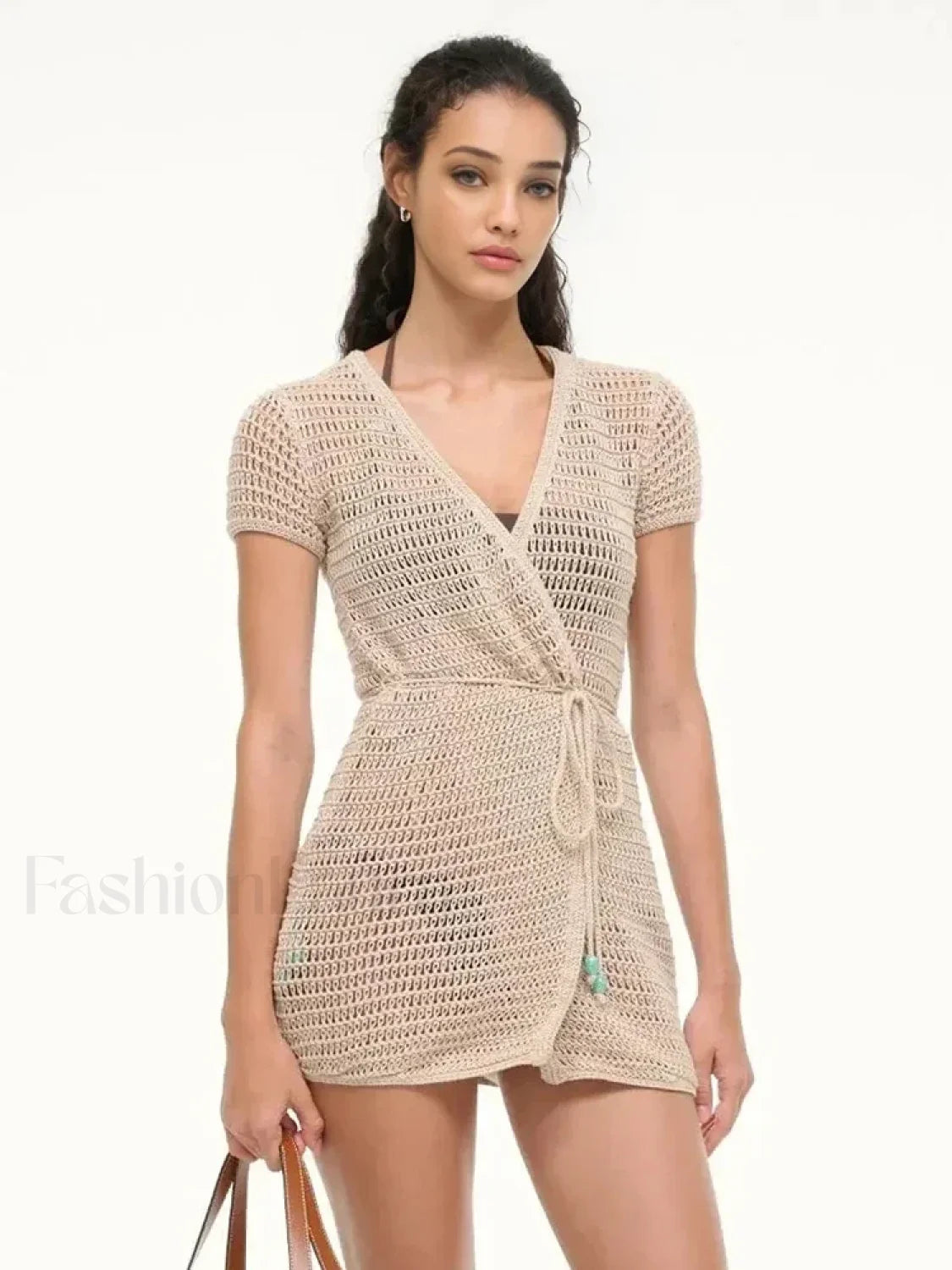 Solid Color Knit Hollow Out Short Sleeve Wrap Cover Up Light Apricot / S