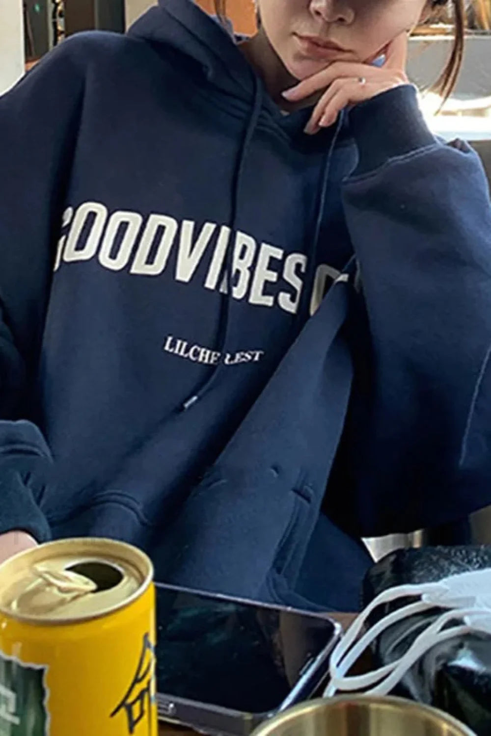 Solid Color Letter Hooded Hoodie Navy blue / M