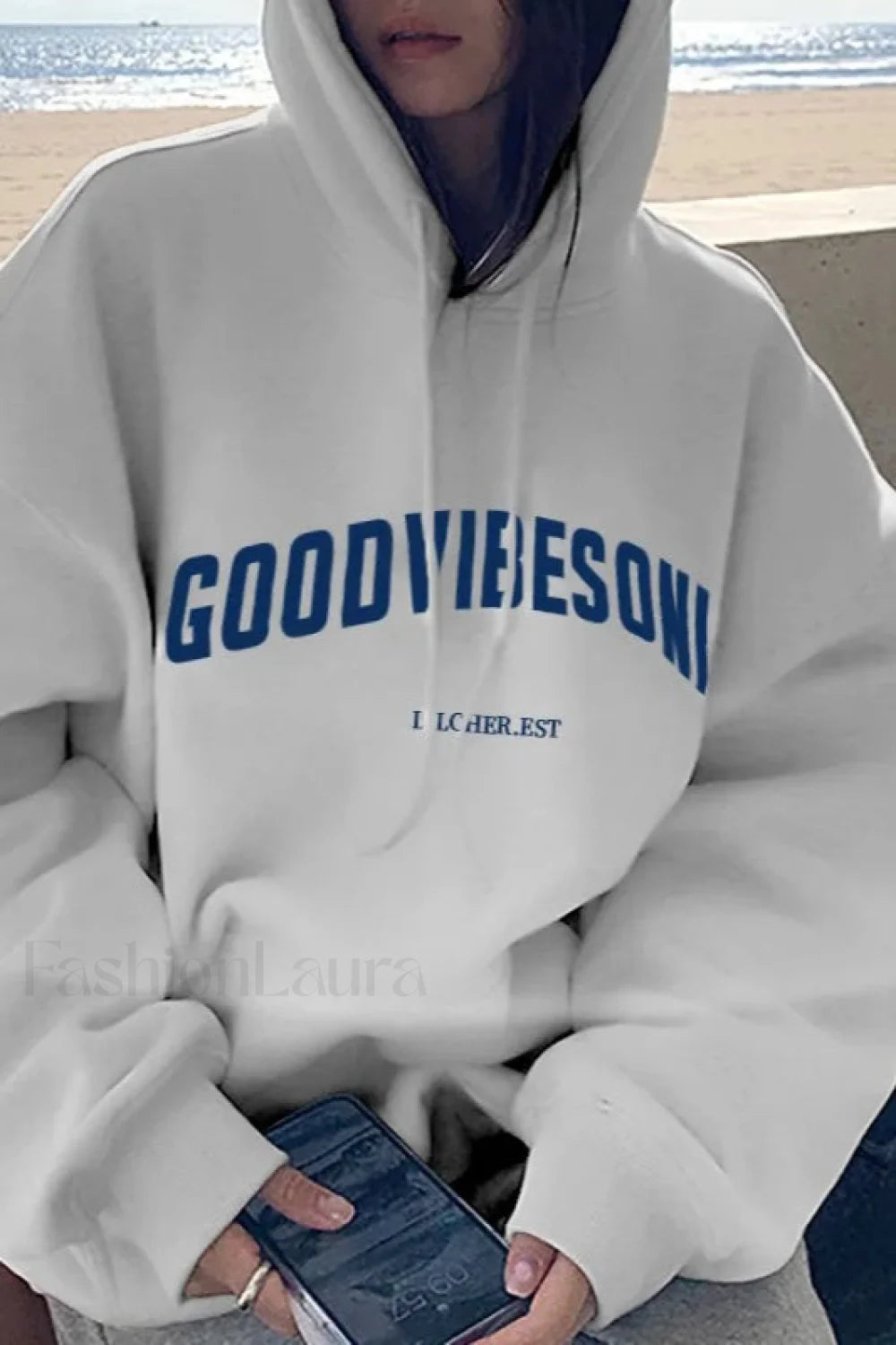 Solid Color Letter Hooded Hoodie White / M
