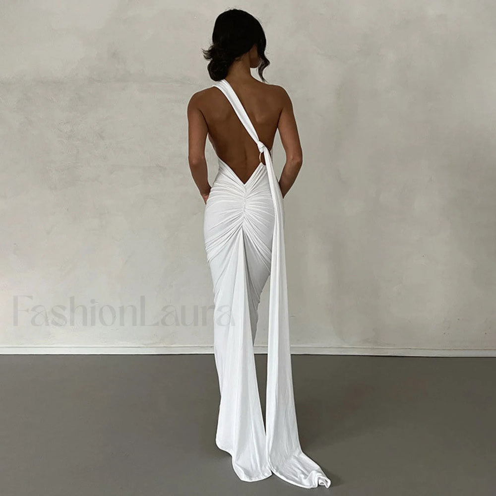 Solid Color One Shoulder Ruched Evening Maxi Dress Black L / Black Party Dresses L