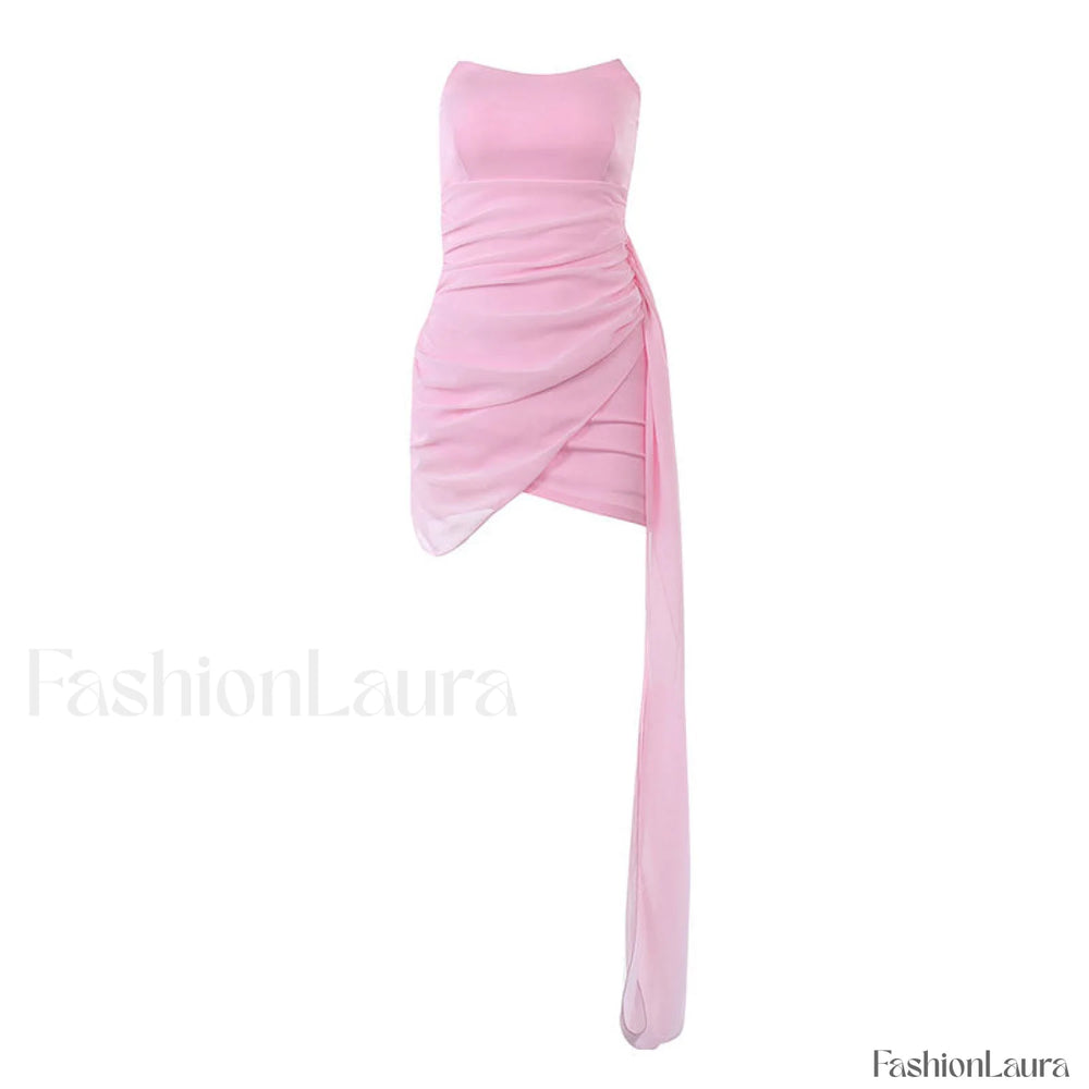 Solid Color Ruched Wrap Trim Strapless Bodycon Party Mini Dress Pink L / Pink Party Dresses L