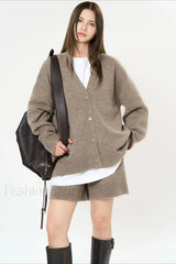 Solid Color V neck Long Sleeve Cardigan