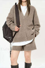 Solid Color V neck Long Sleeve Cardigan