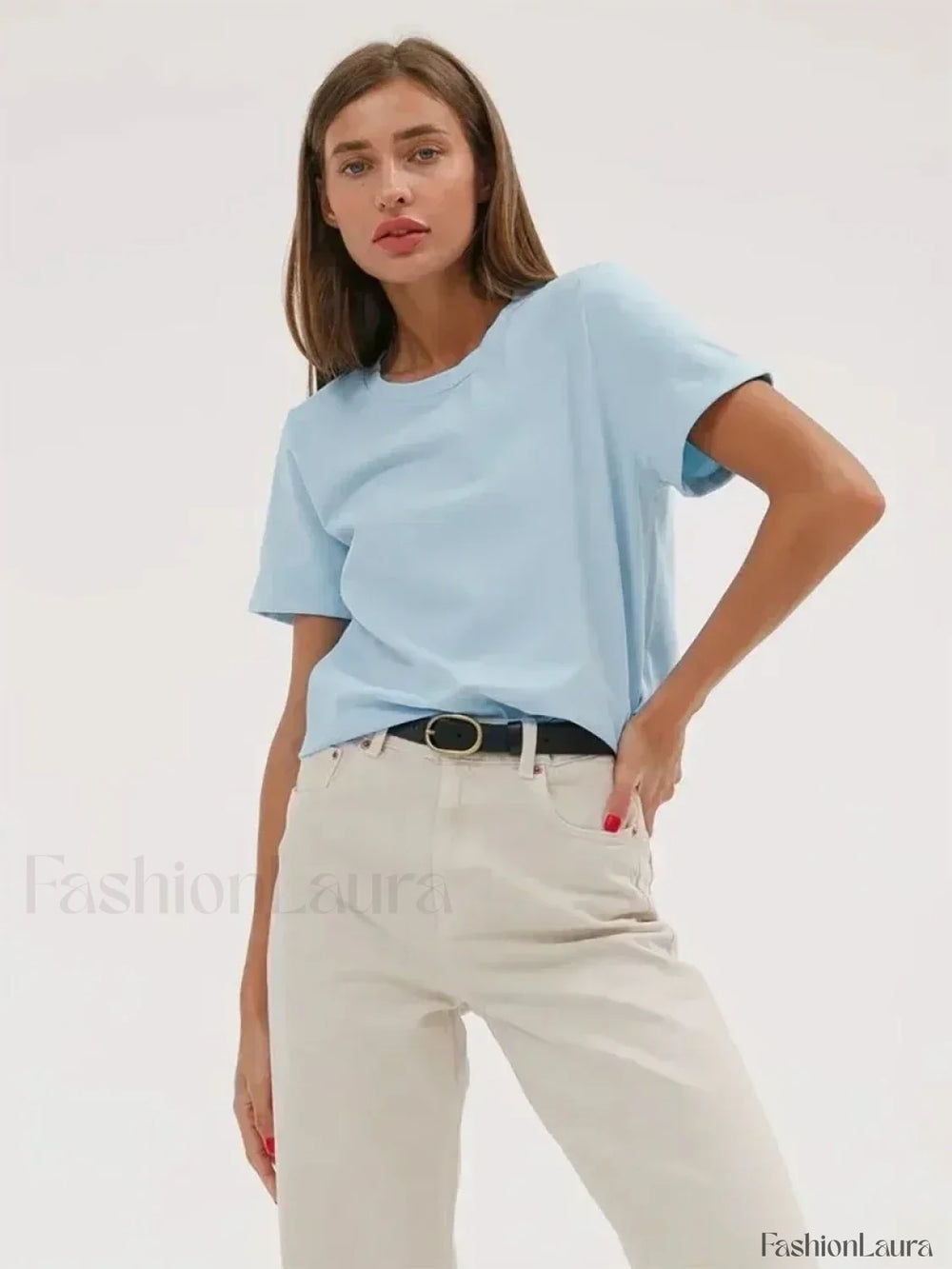 Solid Cotton Basic Short Sleeve T Shirt Ice Blue / S