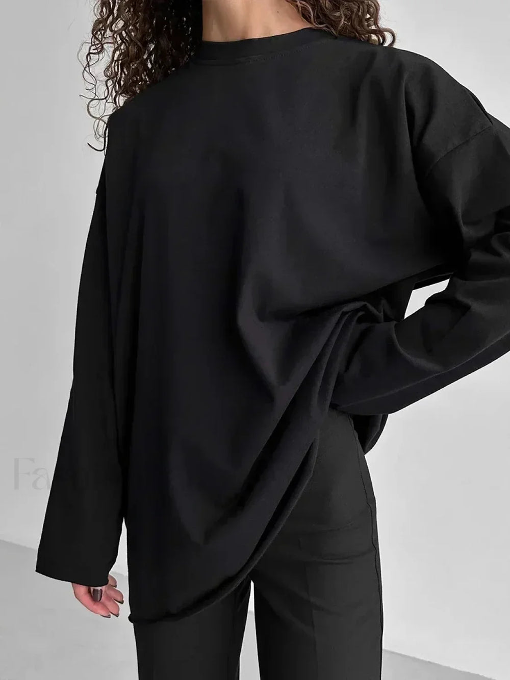 Solid Cotton Long Sleeve Loose T Shirt Black / S
