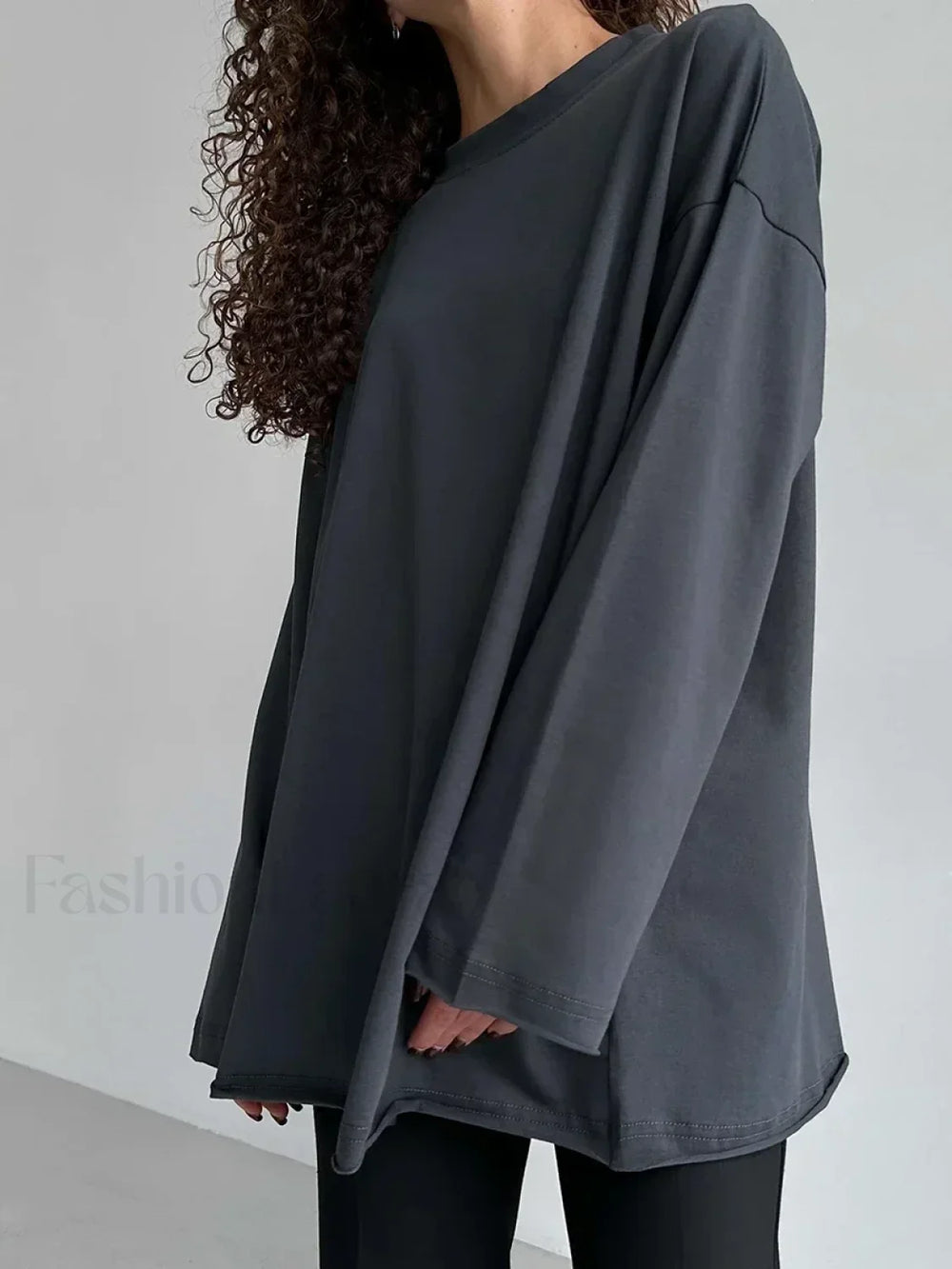 Solid Cotton Long Sleeve Loose T Shirt GRAY / S