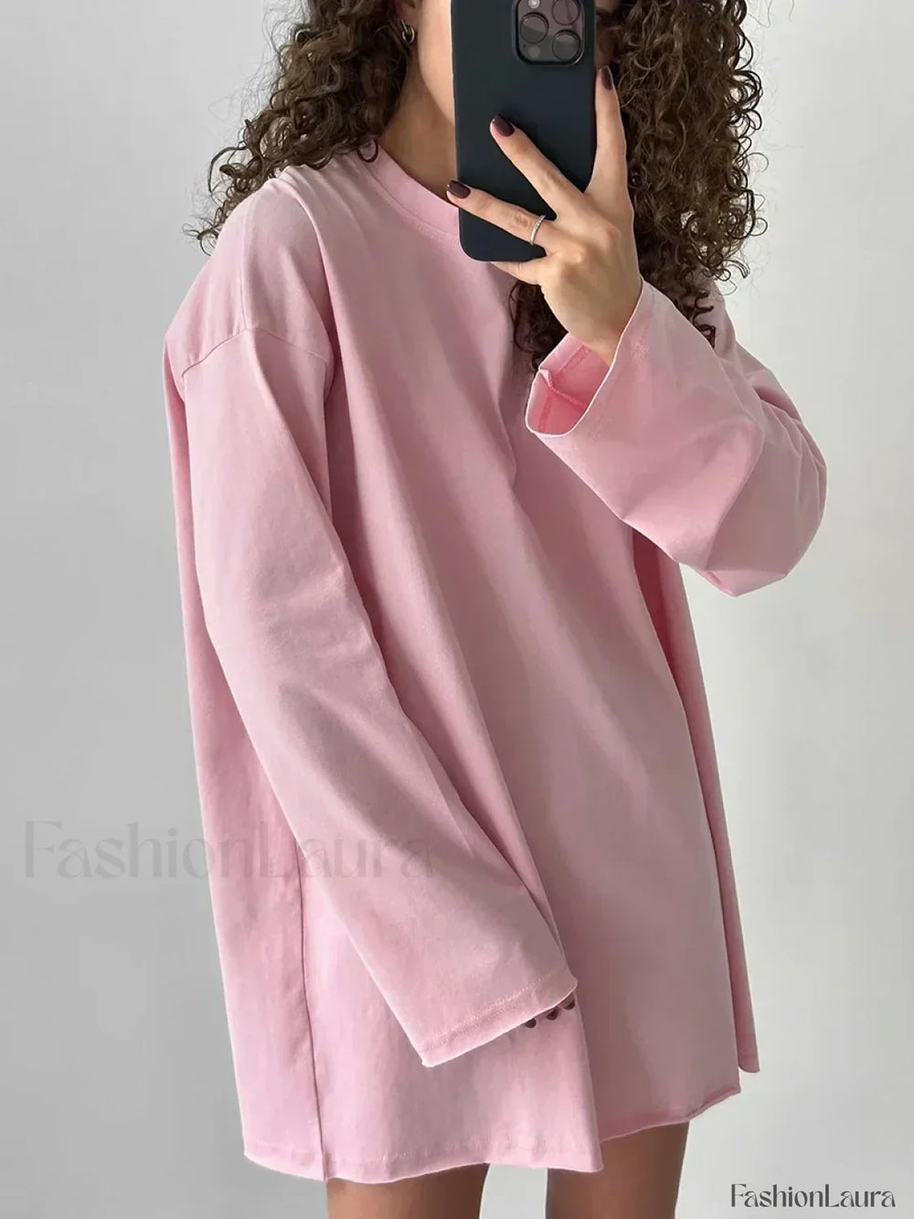 Solid Cotton Long Sleeve Loose T Shirt Pink / S