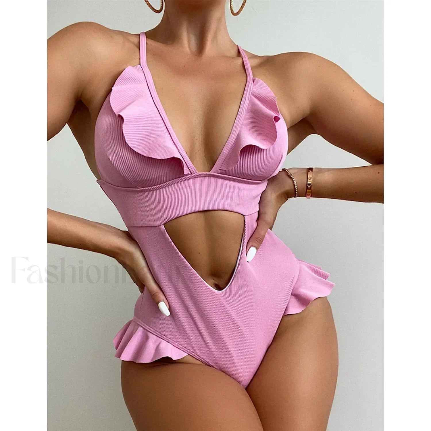Solid Deep V Ruffle Hollow One Piece
