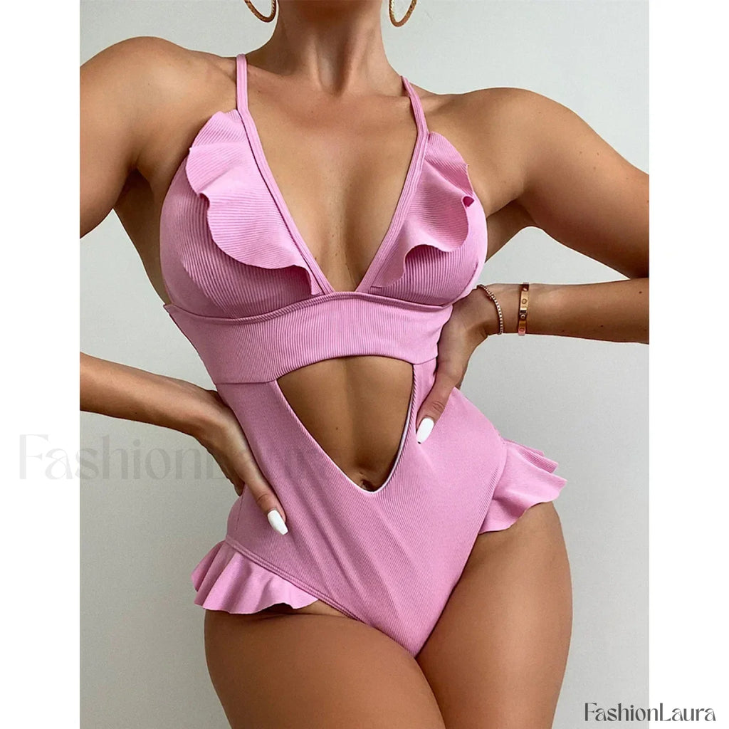 Solid Deep V Ruffle Hollow One Piece Pink Swimsuit / S
