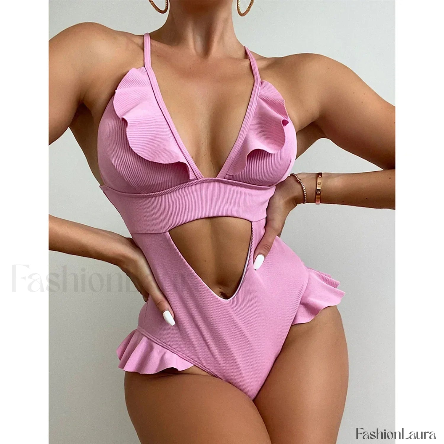 Solid Deep V Ruffle Hollow One Piece Pink Swimsuit / S
