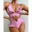 Solid Deep V Ruffle Hollow One Piece Pink Swimsuit / S