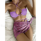 Solid Drawstring Halter Three Piece Set Lavender / S