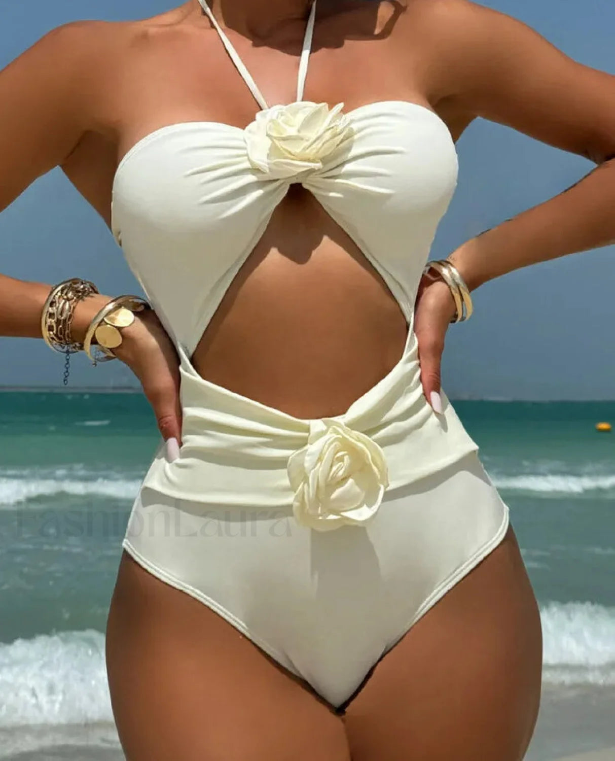 Solid Halter Hollow Push One Piece White / S Main image
