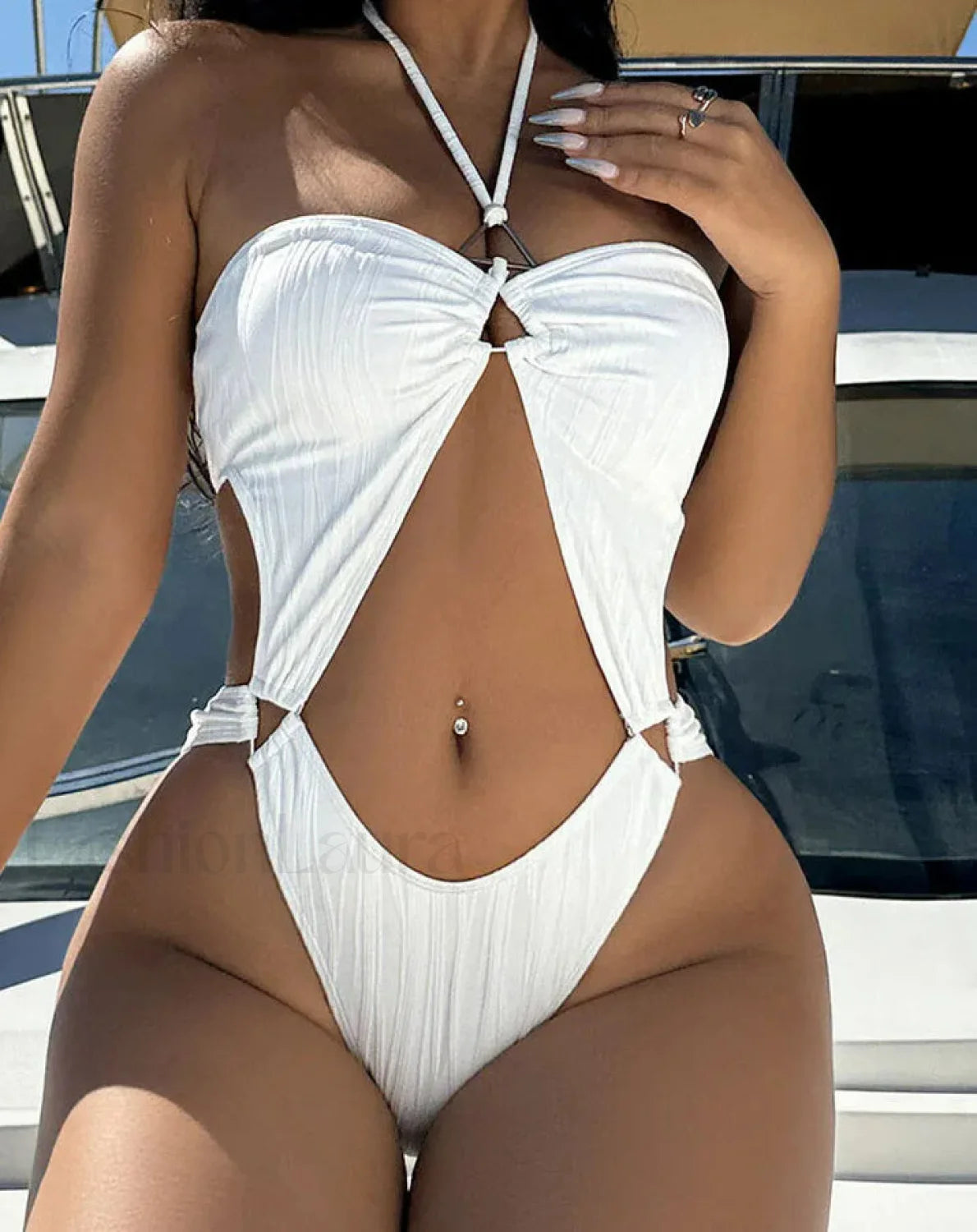Solid Halter Hollow Push Up One Piece Secondary image