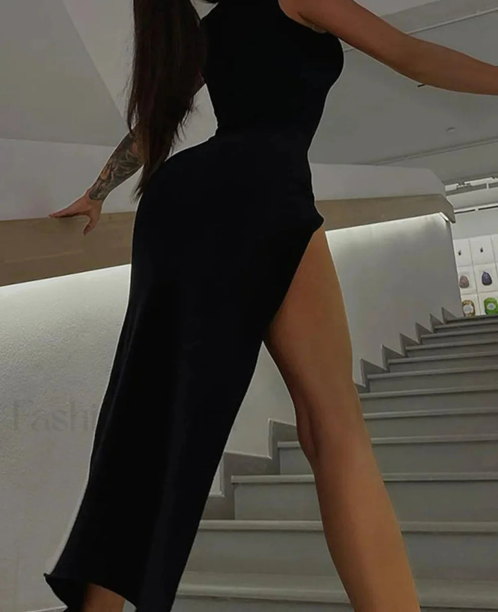 Solid High Neck Midi Dress