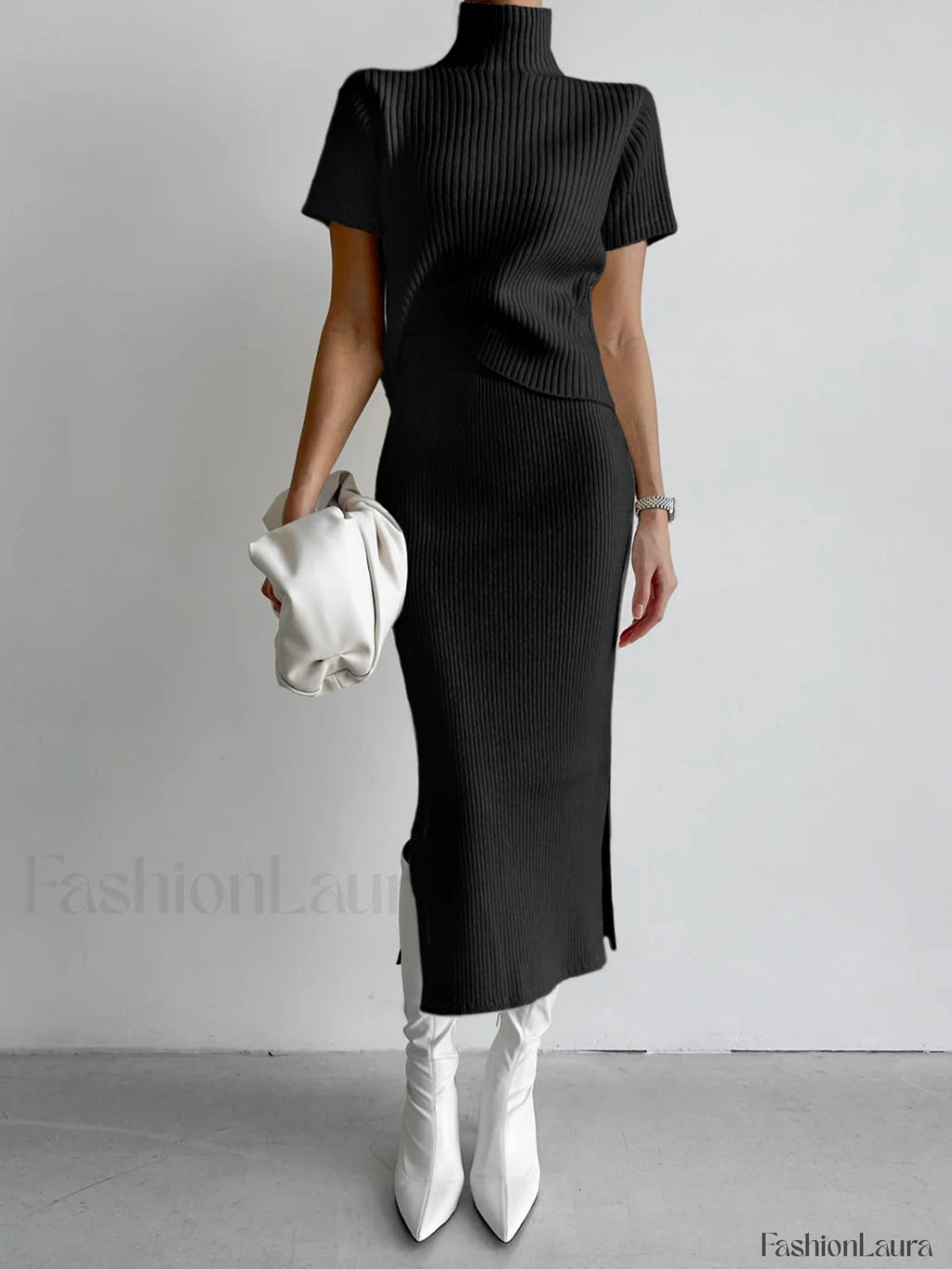 Solid High Neck Split Ribbed Knit Two Pieces Skirt Set Black / XS Sweater Co ords