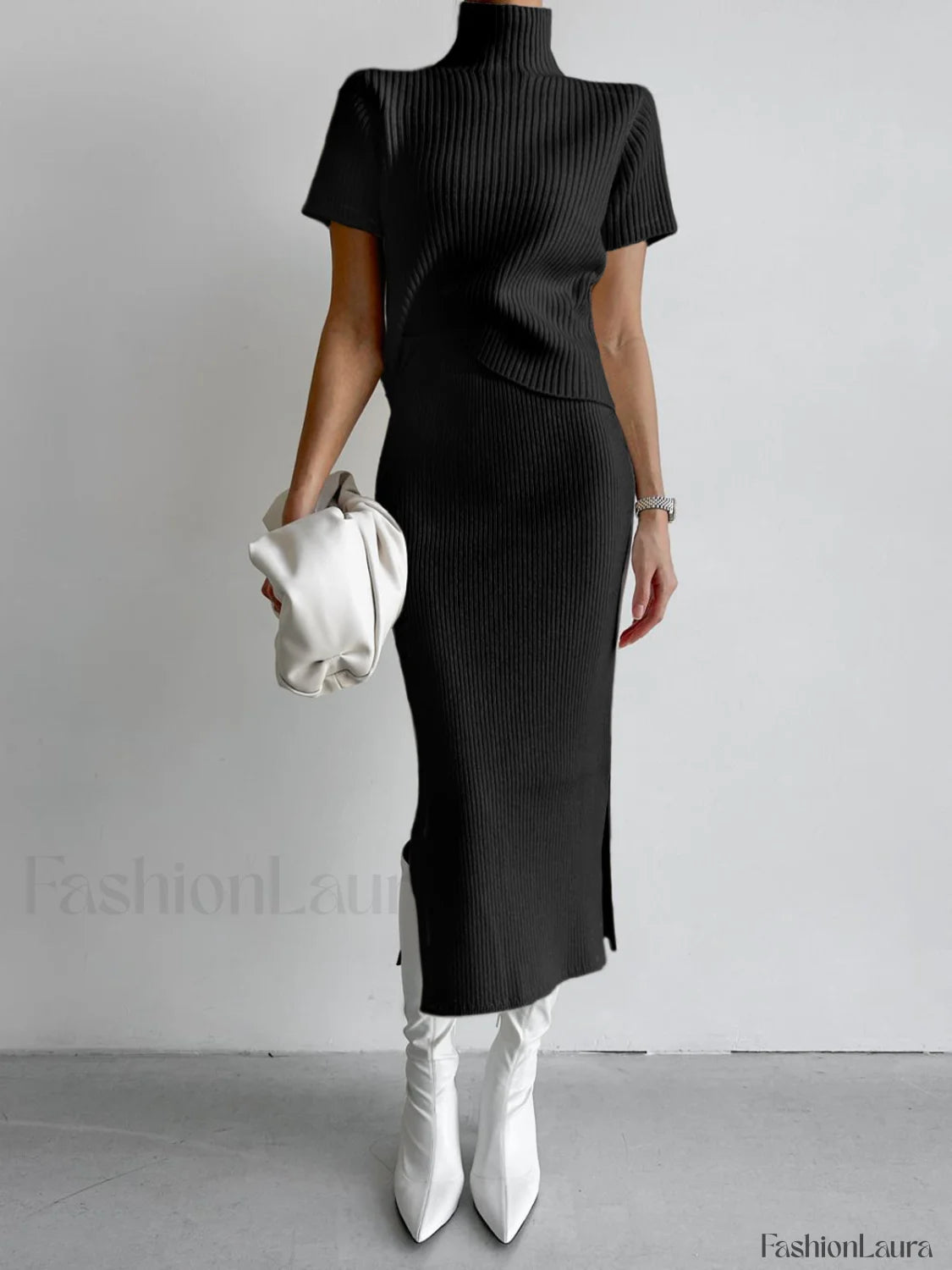 Solid High Neck Split Ribbed Knit Two Pieces Skirt Set Black / XS Sweater Co ords
