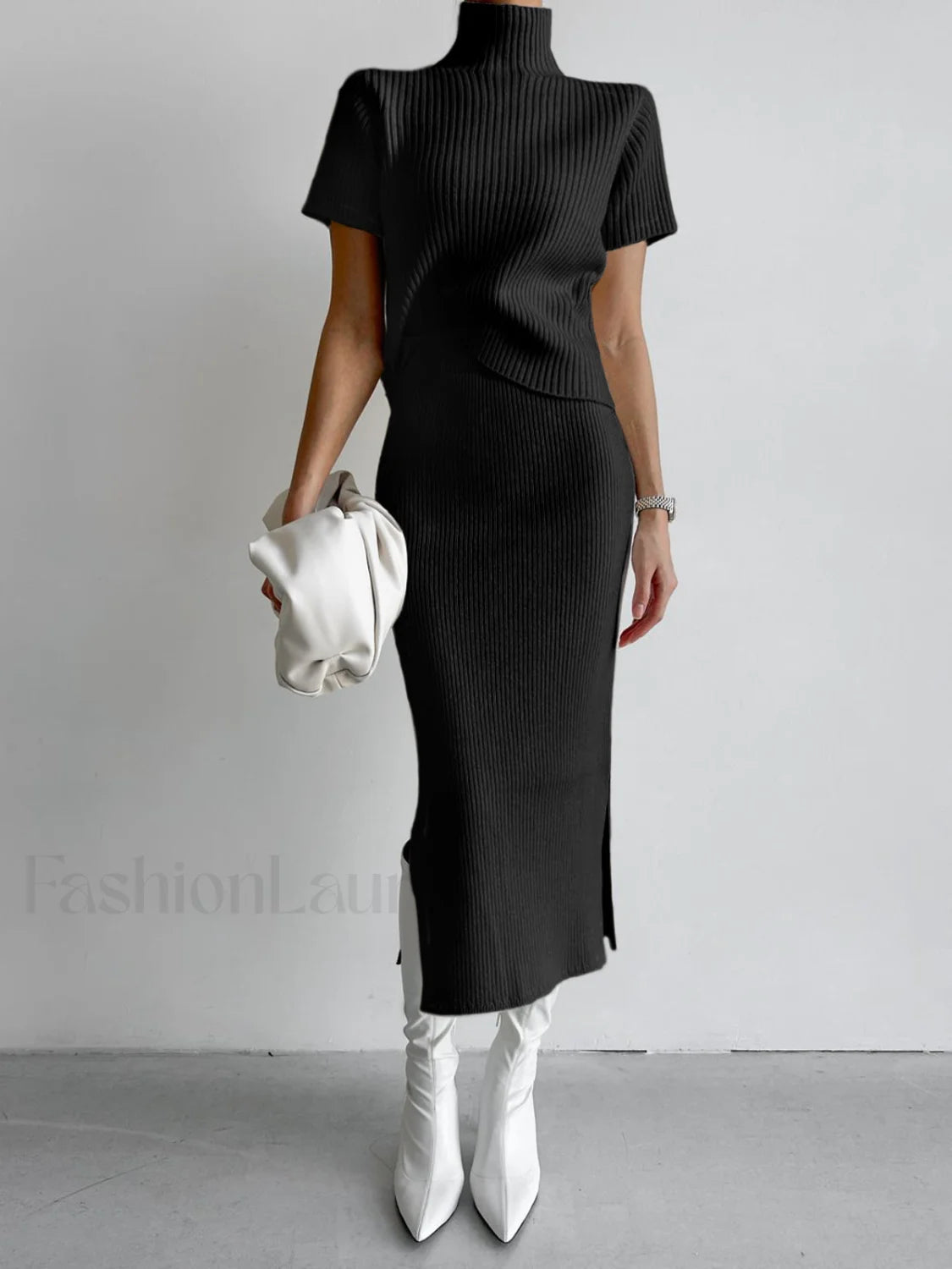 Solid High Neck Split Ribbed Knit Two Pieces Skirt Set Black / XS Sweater Co ords