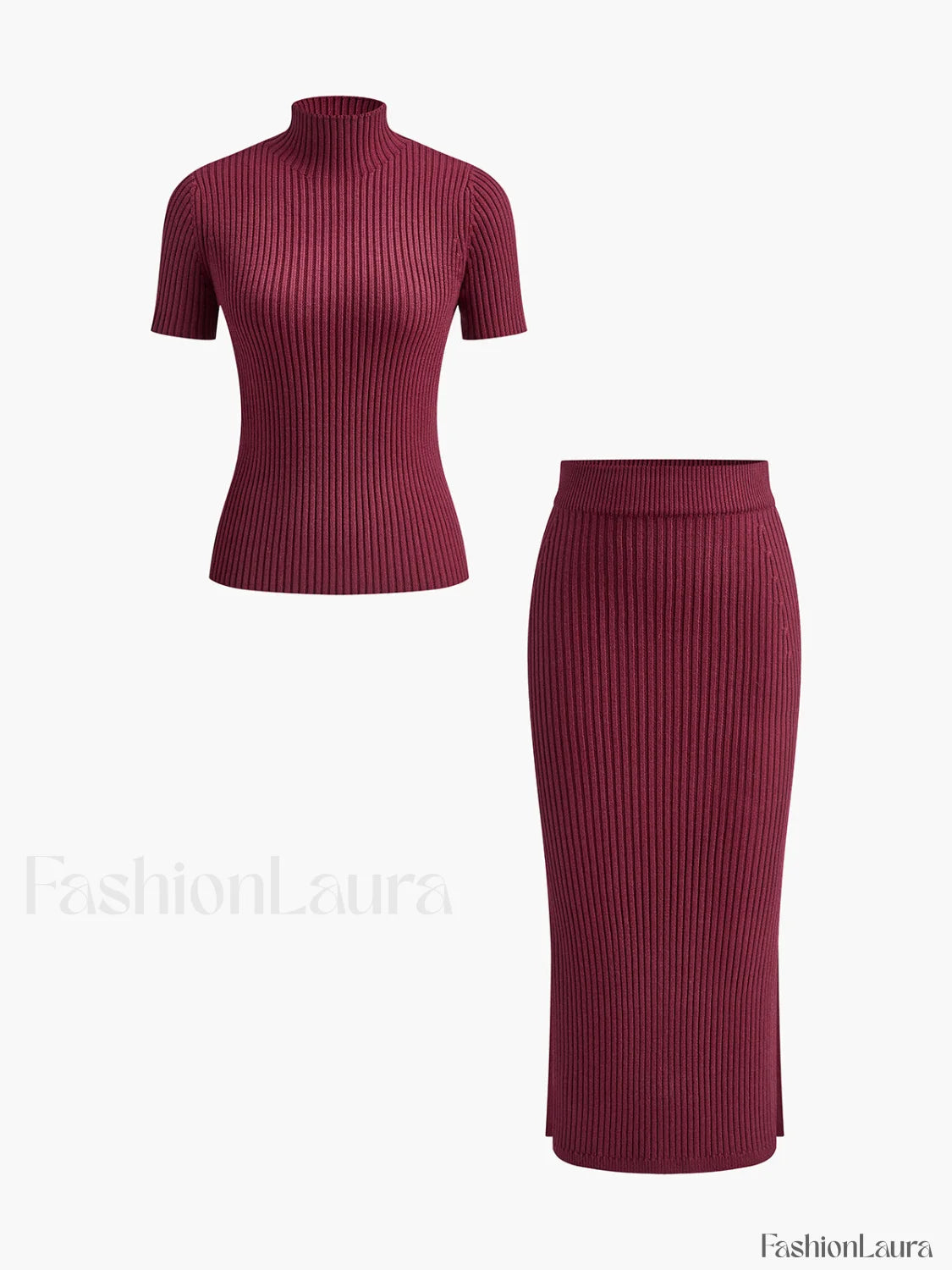 Solid High Neck Split Ribbed Knit Two Pieces Skirt Set Burgundy / XS Sweater Co ords