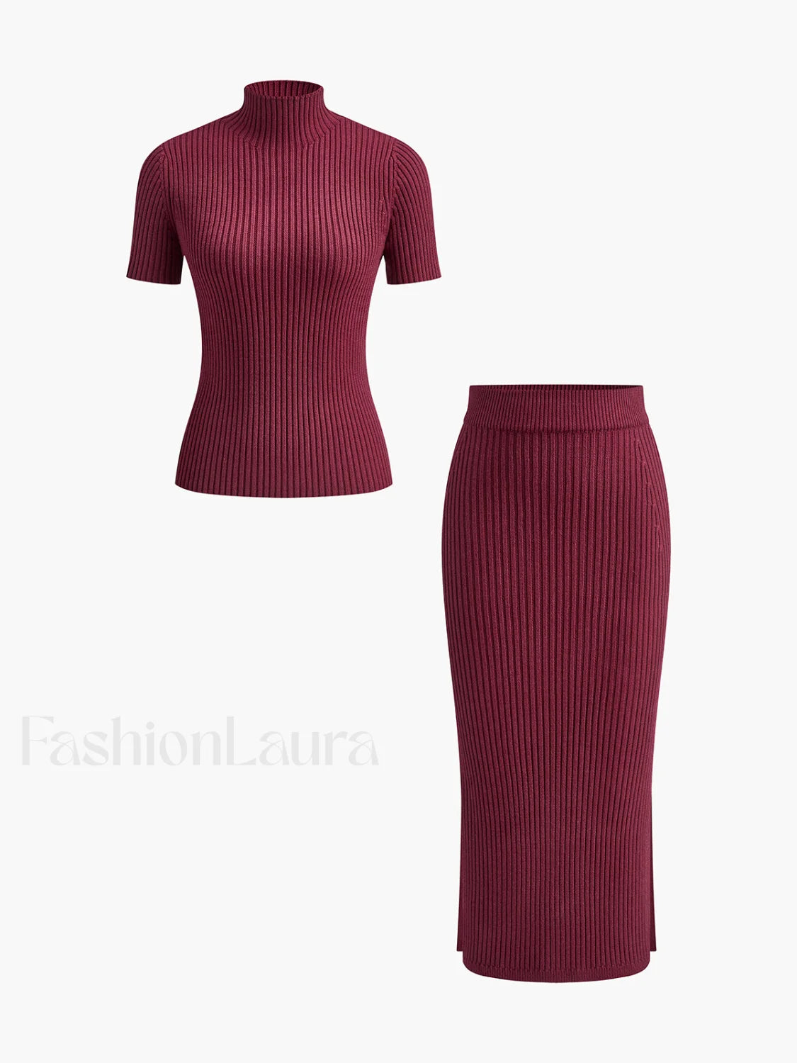 Solid High Neck Split Ribbed Knit Two Pieces Skirt Set Burgundy / XS Sweater Co ords