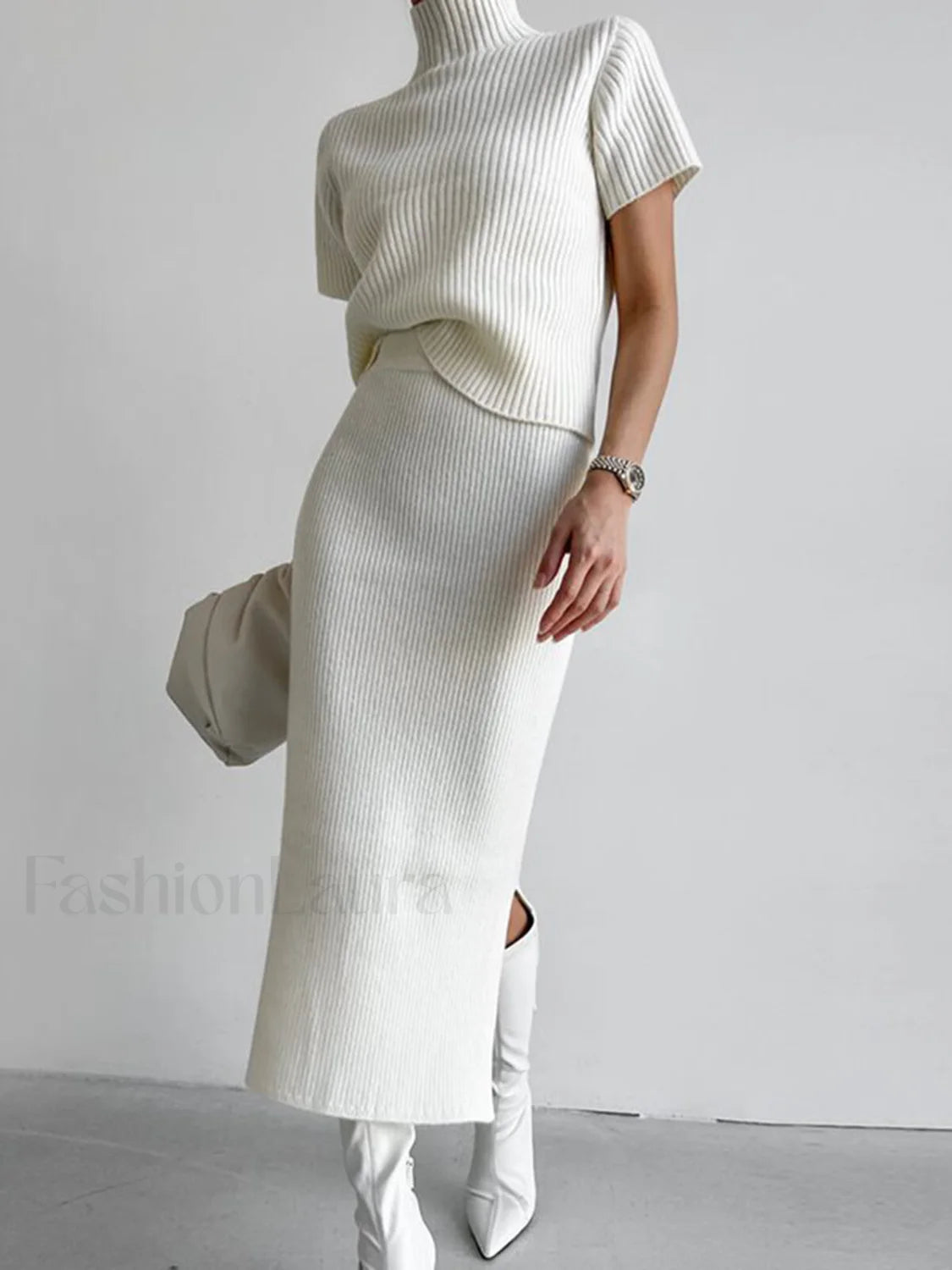 Solid High Neck Split Ribbed Knit Two Pieces Skirt Set Secondary image