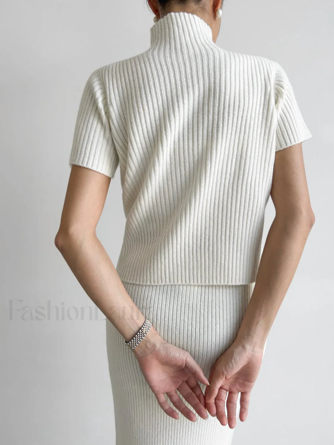 Solid High Neck Split Ribbed Knit Two Pieces Skirt Set Sweater Co ords