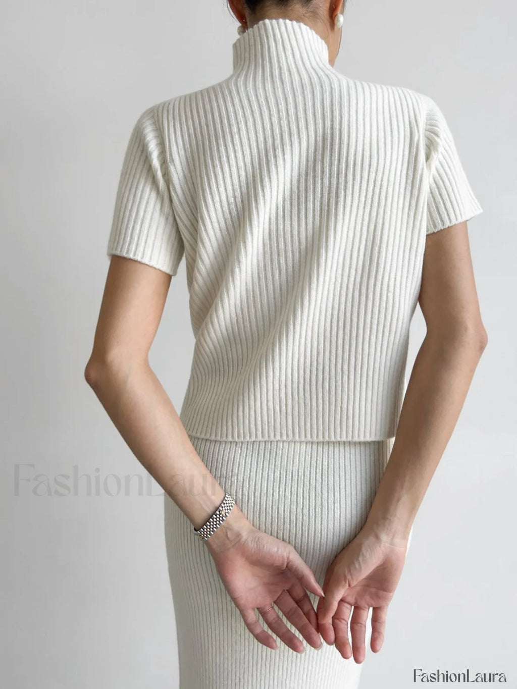 Solid High Neck Split Ribbed Knit Two Pieces Skirt Set Sweater Co ords