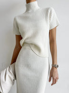 Solid High Neck Split Ribbed Knit Two Pieces Skirt Set Sweater Co ords