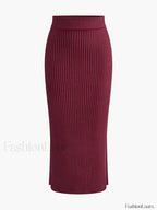 Solid High Neck Split Ribbed Knit Two Pieces Skirt Set Sweater Co ords