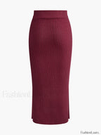 Solid High Neck Split Ribbed Knit Two Pieces Skirt Set Sweater Co ords