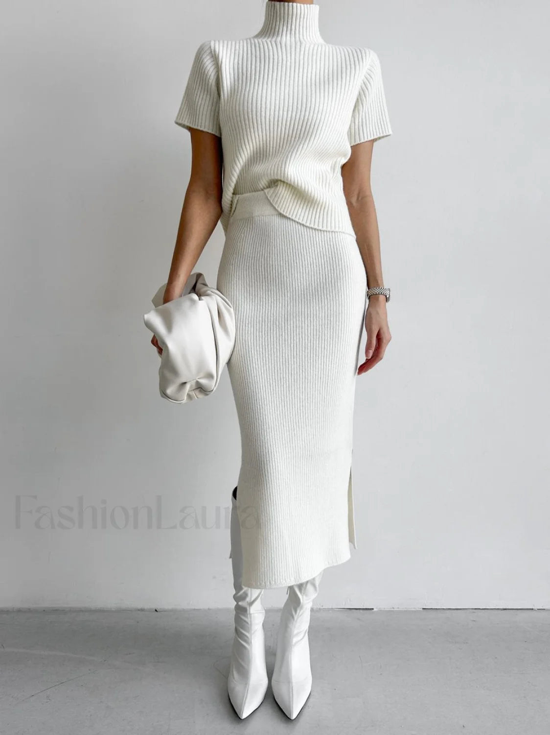 Solid High Neck Split Ribbed Knit Two Pieces Skirt Set White / XS Sweater Co ords Main image