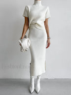 Solid High Neck Split Ribbed Knit Two Pieces Skirt Set White / XS Sweater Co ords