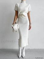 Solid High Neck Split Ribbed Knit Two Pieces Skirt Set White / XS Sweater Co ords