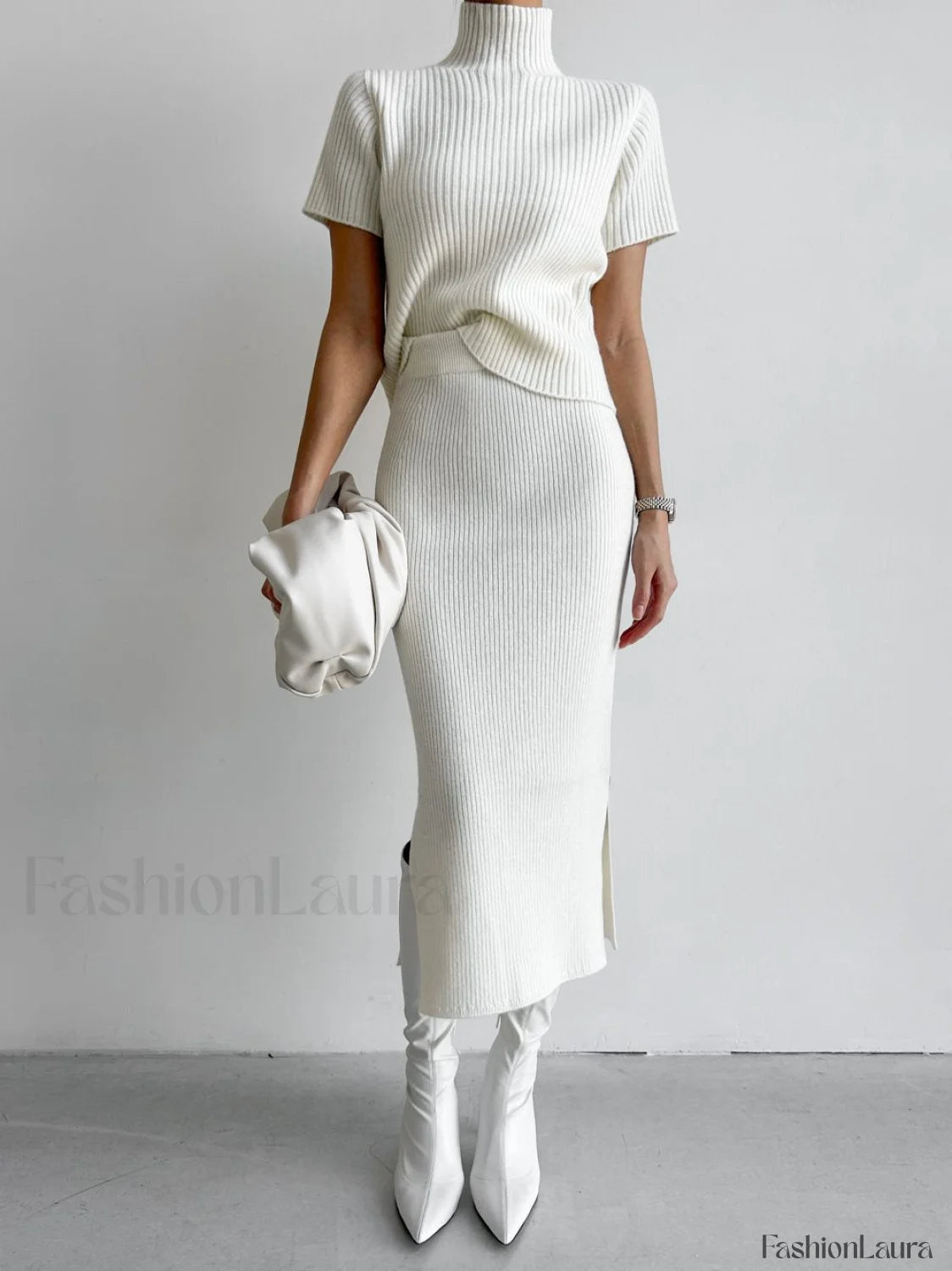 Solid High Neck Split Ribbed Knit Two Pieces Skirt Set White / XS Sweater Co ords