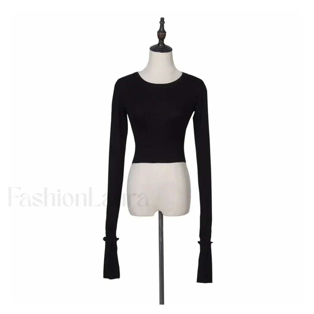 Solid High Waist Long Sleeve Tee Black / S
