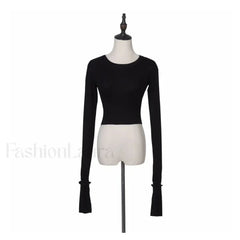 Solid High Waist Long Sleeve Tee Black / S