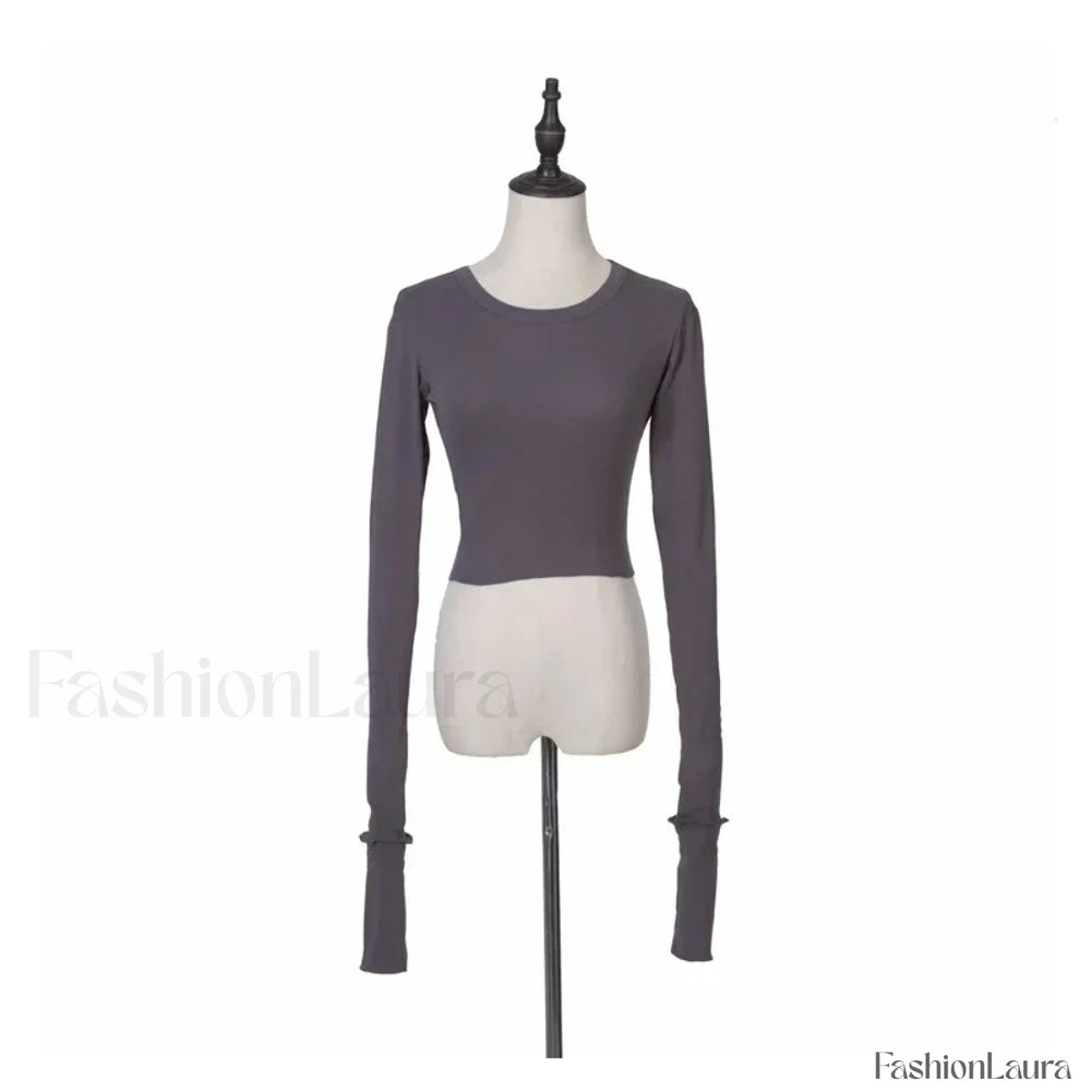 Solid High Waist Long Sleeve Tee GRAY / S