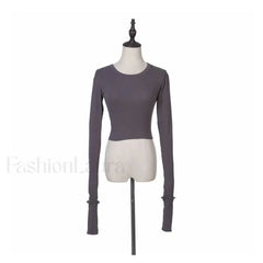 Solid High Waist Long Sleeve Tee GRAY / S