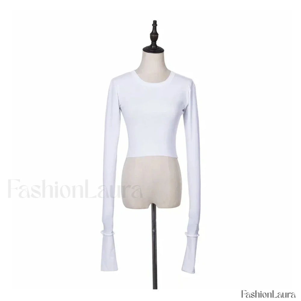 Solid High Waist Long Sleeve Tee WHITE / S