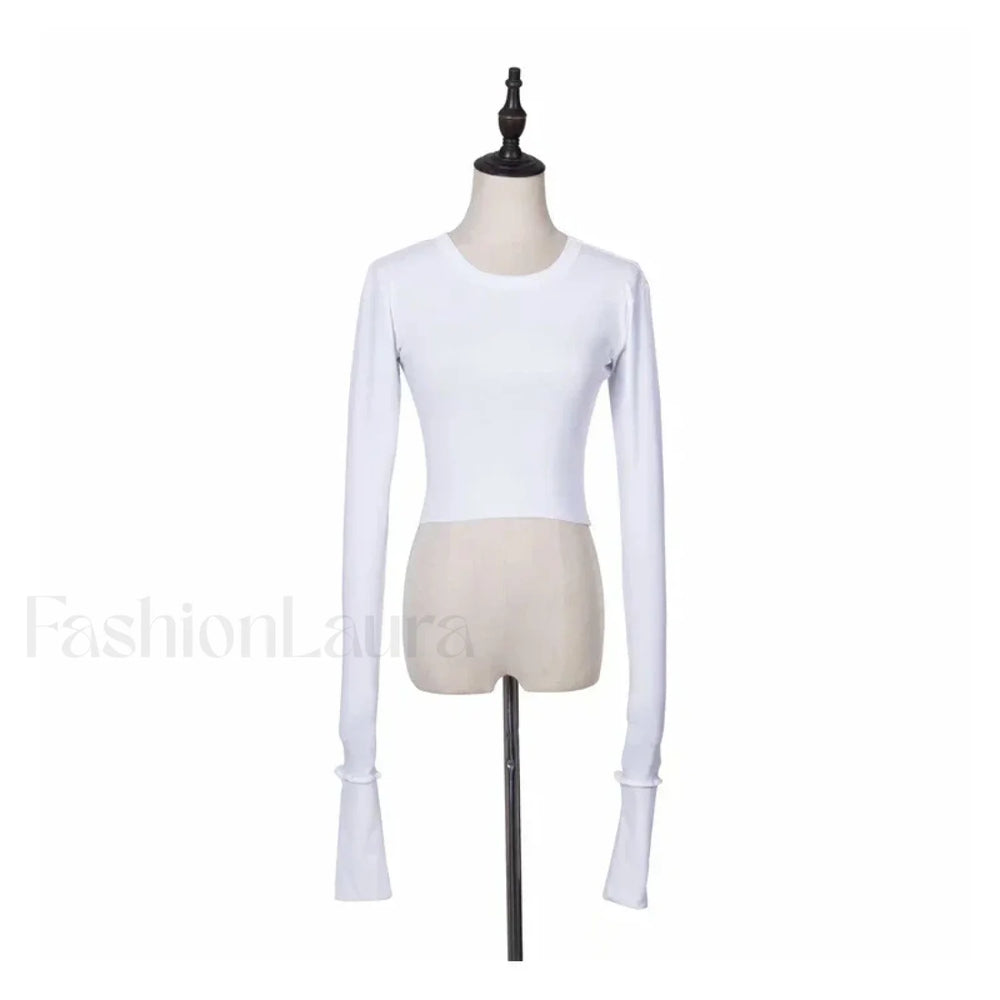 Solid High Waist Long Sleeve Tee WHITE / S