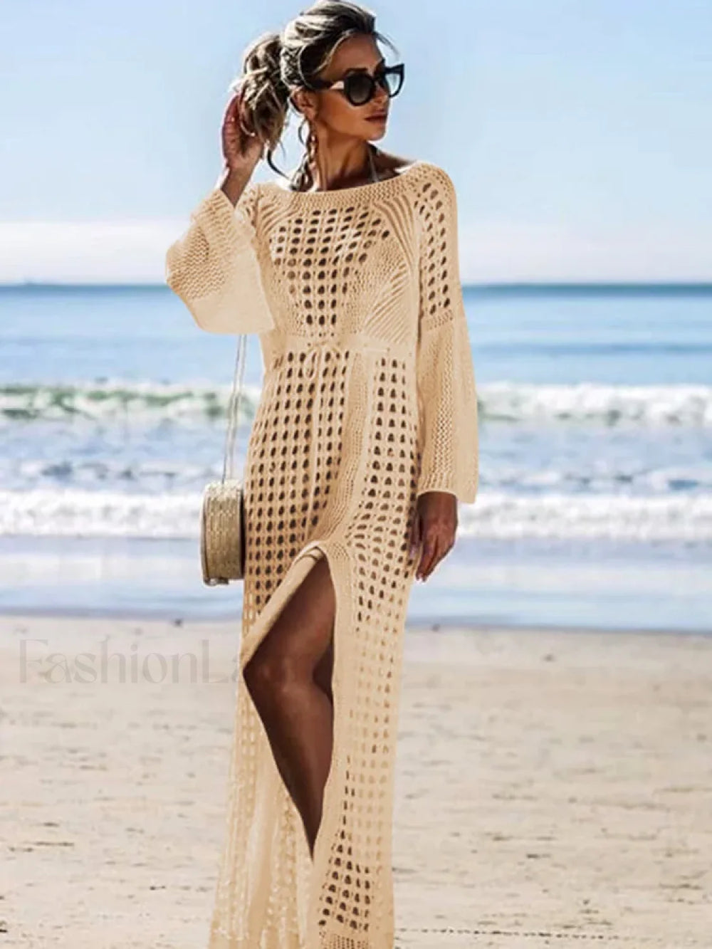 Solid Hollow Lace Up Slit Cut Cover Up