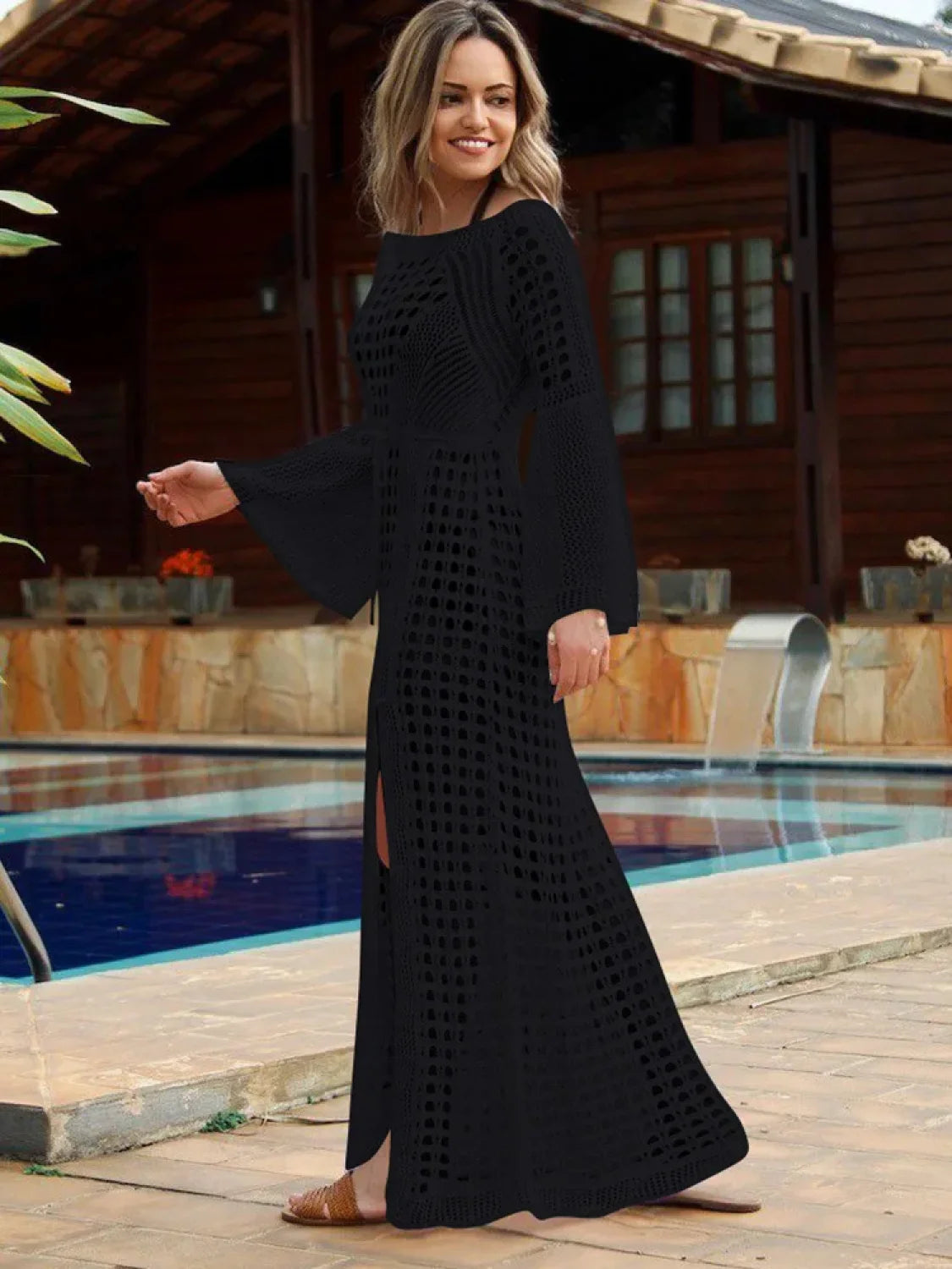 Solid Hollow Lace Up Slit Cut Cover Up